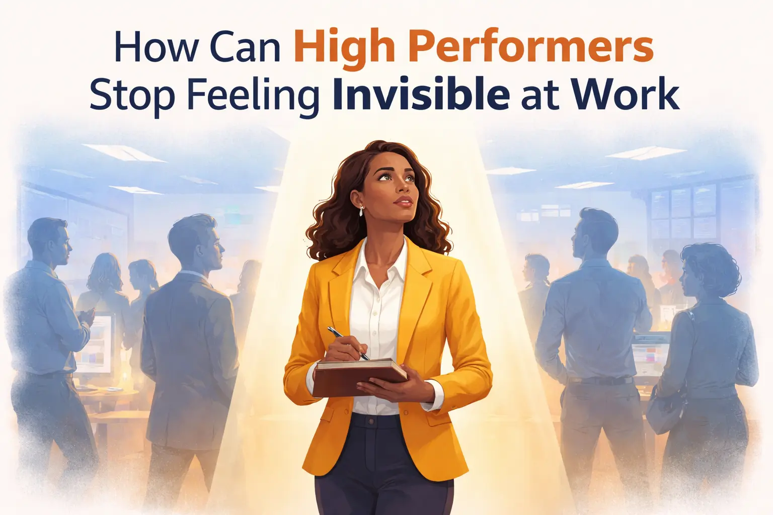 A woman executive with a light shown down on her illustrating why high performers feel invisible at work