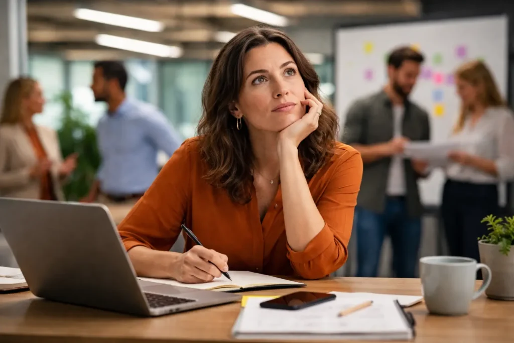 The Mattering Effect | How Can High Performers Stop Feeling Invisible at Work Picture of a woman executive with her hand on her face illustrating How Can High Performers Stop Feeling Invisible at Work