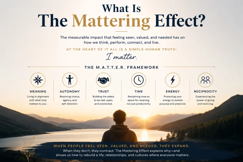 The Mattering Effect | What Is The Mattering Effect? Why Feeling Seen, Valued, and Needed Changes Everything Infographic explaining What Is The Mattering Effect? featuring the M.A.T.T.E.R. Framework—Meaning, Autonomy, Trust, Time, Energy, and Reciprocity—illustrating how feeling seen, valued, and needed supports human flourishing, intrinsic worth, and intentional living.