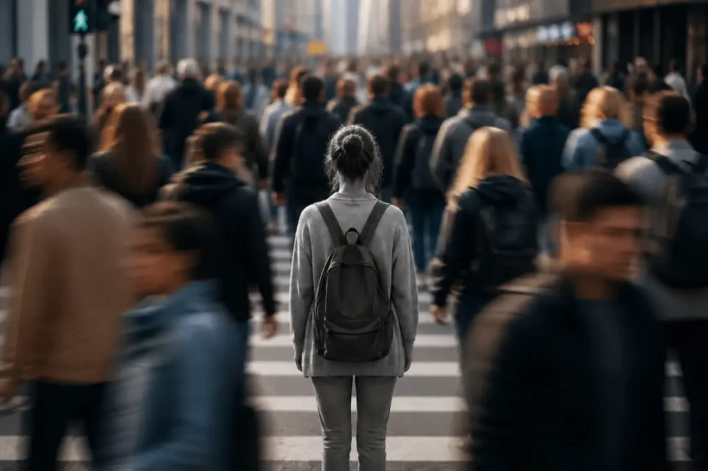 A woman fades into grey amid the vibrant crowds of a busy New York City street — a powerful reminder of why The Mattering Effect by John R. Miles exists: to bring you back into full color and restore your sense of significance, belonging, and purpose.